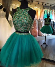 Two Piece Homecoming Dress Scoop Rhinestone A-line Tulle Short Prom Dress Sexy Party Dress JK524