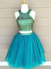 Two Piece Homecoming Dress Scoop Rhinestone A-line Tulle Short Prom Dress Sexy Party Dress JK524|Annapromdress