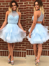 Sexy Homecoming Dress A-line Halter Rhinestone Light Sky Blue Short Prom Dress Party Dress JK525|Annapromdress