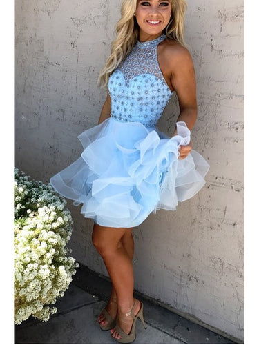 Sexy Homecoming Dress A-line Halter Rhinestone Light Sky Blue Short Prom Dress Party Dress JK525|Annapromdress