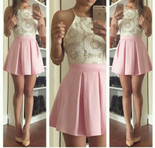 Chic Homecoming Dress Halter A-line Lace Pink Short Prom Dress Satin Party Dress JK532
