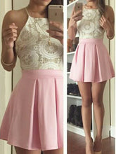 Chic Homecoming Dress Halter A-line Lace Pink Short Prom Dress Satin Party Dress JK532