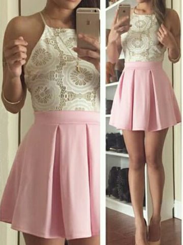 Chic Homecoming Dress Halter A-line Lace Pink Short Prom Dress Satin Party Dress JK532