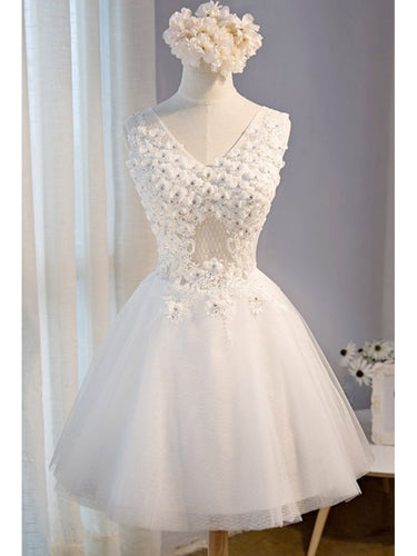 Cute Homecoming Dress V-neck A-line Lace White Tulle Short Prom Dress Sexy Party Dress JK542