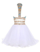 Two Piece Homecoming Dress High Neck A-line Rhinestone White Short Prom Dress Party Dress JK544