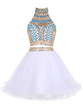 Two Piece Homecoming Dress High Neck A-line Rhinestone White Short Prom Dress Party Dress JK544