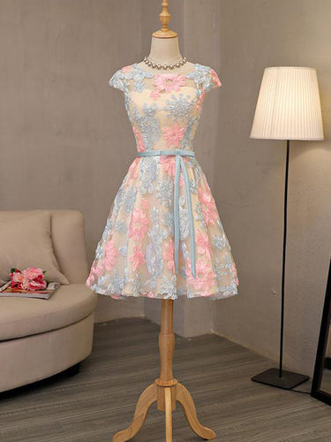 Cute Homecoming Dress Scoop A-line Floral Lace Pink Tulle Short Prom Dress Party Dress JK545