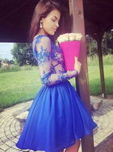 Royal Blue Homecoming Dress A-line V Neck Appliques Chiffon Short Prom Dress Party Dress JK549