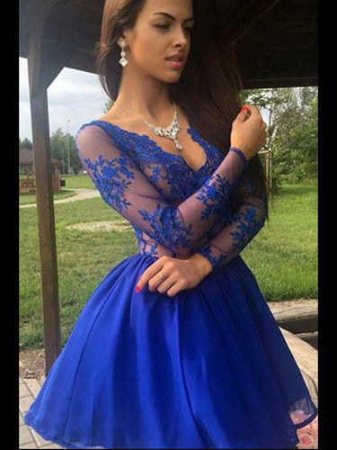 Royal Blue Homecoming Dress A-line V Neck Appliques Chiffon Short Prom Dress Party Dress JK549