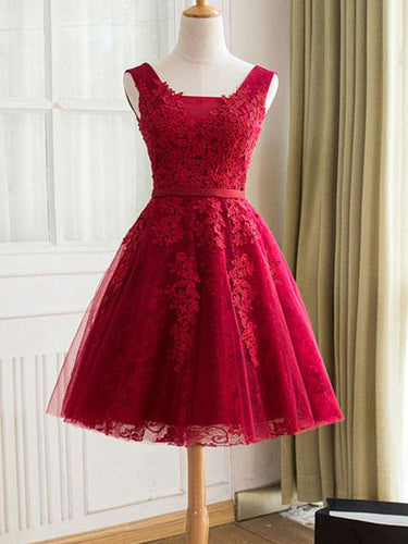 Burgundy Homecoming Dress Straps A-line Lace Appliques Lace-up Short Prom Dress Party Dress JK553