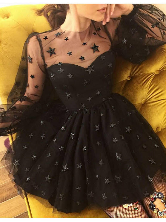Long Sleeve Homecoming Dresses Stars Lace Short Black Prom Dress Party Dress JK569|Annapromdress Anna PromDress Long Sleeve Homecoming Dresses Stars Lace Short Black Prom Dress Party Dress JK569|Annapromdress Anna PromDress