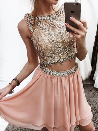 Two Piece Homecoming Dresses Bateau A-line Short Prom Dress Rhinestone Party Dress JK571|Annapromdress