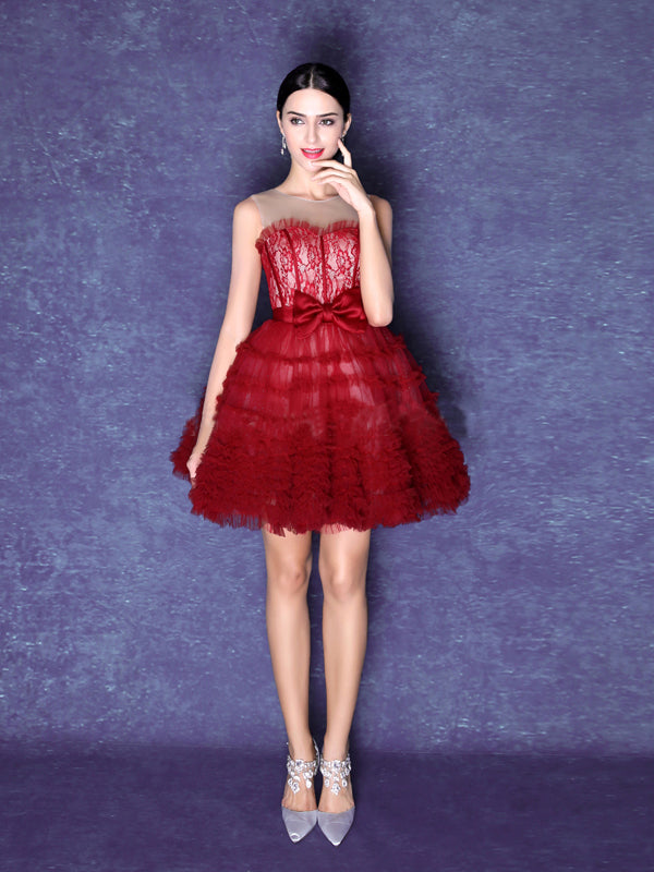Burgundy Homecoming Dresses Ball Gown Lace Short Prom Dress Party Dress JK580|Annapromdress