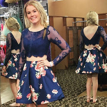 Two Piece Homecoming Dresses Floral Print Long Sleeve Short Prom Dress Party Dress JK588|Annapromdress