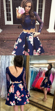Two Piece Homecoming Dresses Floral Print Long Sleeve Short Prom Dress Party Dress JK588|Annapromdress