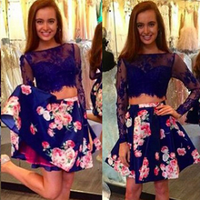 Two Piece Homecoming Dresses Floral Print Long Sleeve Short Prom Dress Party Dress JK588|Annapromdress