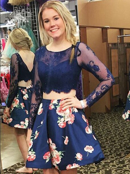 Two Piece Homecoming Dresses Floral Print Long Sleeve Short Prom Dress  Party Dress JK588|Annapromdress – Anna PromDress
