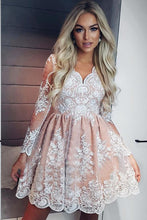 Long Sleeve Homecoming Dresses Lace A-line Short Prom Dress Party Dress JK607|Annapromdress