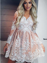 Long Sleeve Homecoming Dresses Lace A-line Short Prom Dress Party Dress JK607|Annapromdress