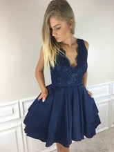 Lace Homecoming Dresses V-neck Dark Navy Short Prom Dress A Line Party Dress JK611|Annapromdress