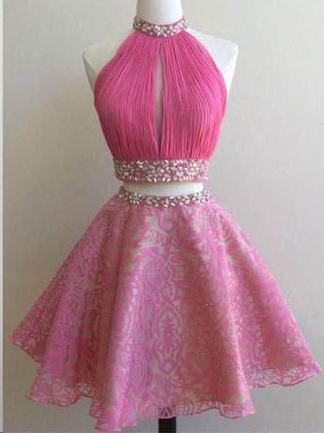 Two Piece Homecoming Dresses A Line Hot Pink Short Prom Dress Party Dress JK618|Annapromdress