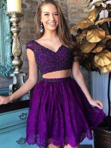 Two Piece Homecoming Dresses V-neck Lace Regency Short Prom Dress Party Dress JK621|Annapromdress