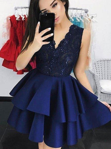 Beautiful Dark Navy Homecoming Dresses V-neck Short Prom Dress Party Dress JK623|Annapromdress