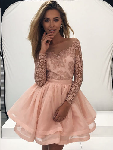 Long Sleeve Homecoming Dresses A line Lace Short Prom Dress Sexy Party Dress JK630|Annapromdress