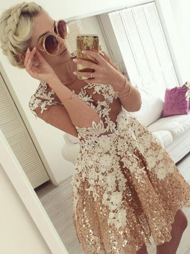 Gold Sequins Long Sleeve Homecoming Dresses Lace Short Prom Dress Party Dress JK632|Annapromdress