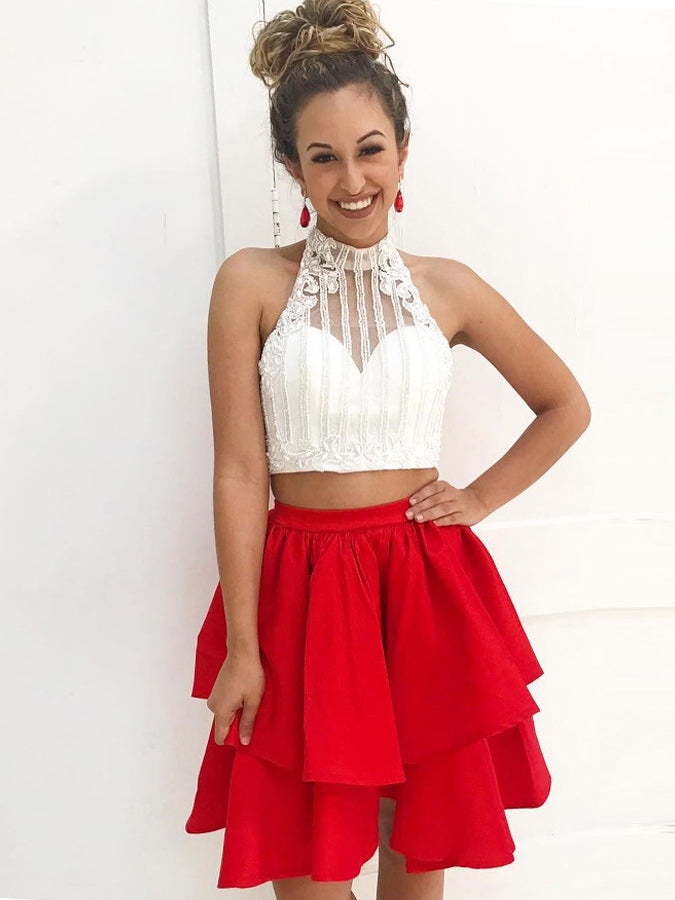 long or short dress for homecoming Portia & Scarlett Two Piece Corset Scarf Prom Dress PS26042 Red / 4