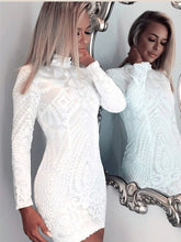 Long Sleeve Homecoming Dresses Lace Column High Neck Short Prom Dress Party Dress JK645|Annapromdress