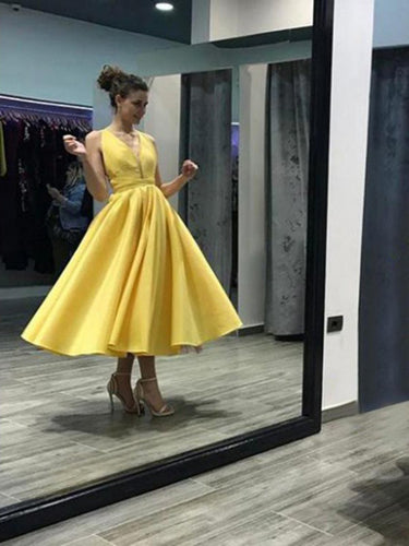 Open Back Homecoming Dresses Yellow Tea-length Short Prom Dress Party Dress JK665|Annapromdress