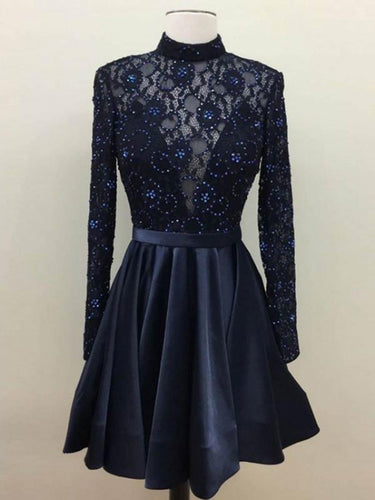 Long Sleeve Homecoming Dresses Lace Rhinestone Short Prom Dress Party Dress JK671|Annapromdress