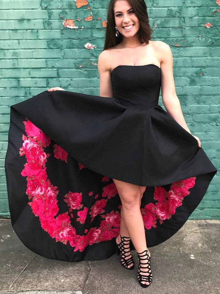 High Low Homecoming Dresses Black Floral Print Short Prom Dress Party Dress JK675|Annapromdress
