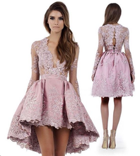 Long Sleeve High Low Homecoming Dresses Lace Short Prom Dress Party Dress JK678|Annapromdress