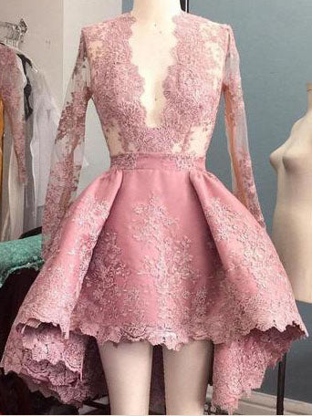 Long Sleeve High Low Homecoming Dresses Lace Short Prom Dress Party Dress JK678|Annapromdress
