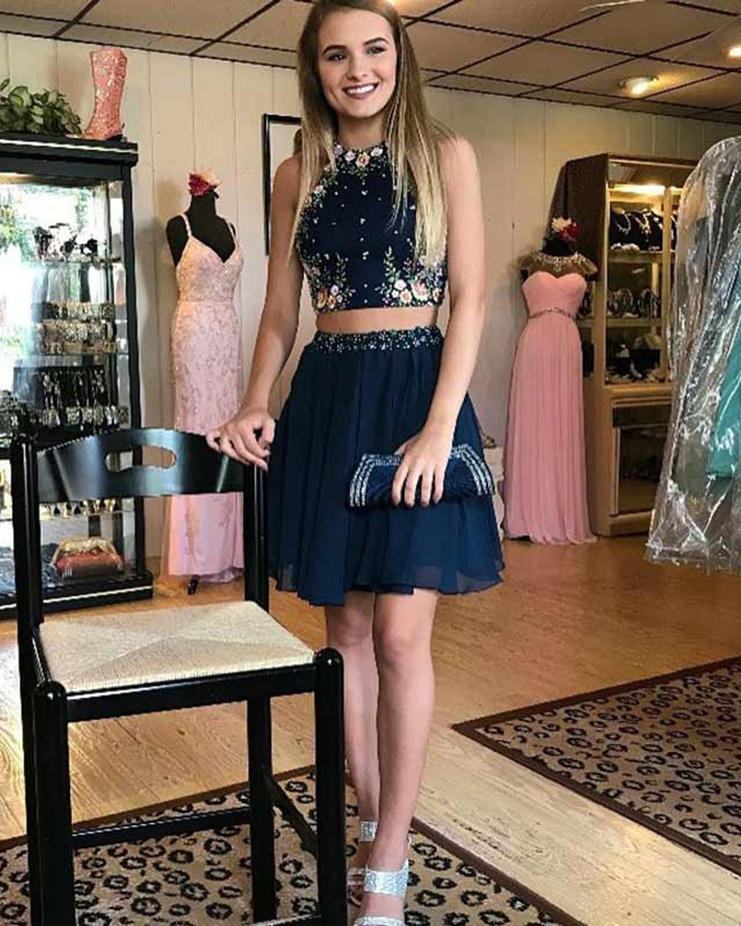 Two Piece Homecoming Dresses Embroidery Sparkly Short Prom Dress Party ...