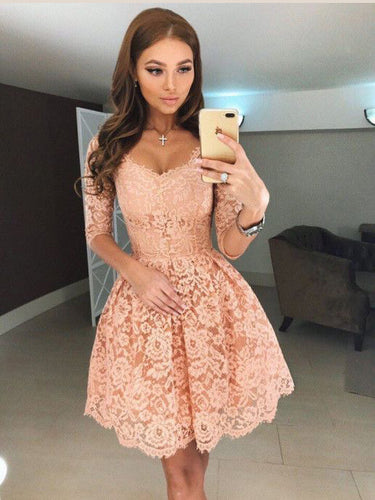 Half Sleeve Homecoming Dresses Aline Lace Short Prom Dress Party Dress JK696|Annapromdress