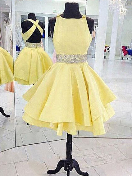 Cheap Yellow Homecoming Dresses Criss-Cross Straps Short Prom Dress Party Dress JK698|Annapromdress
