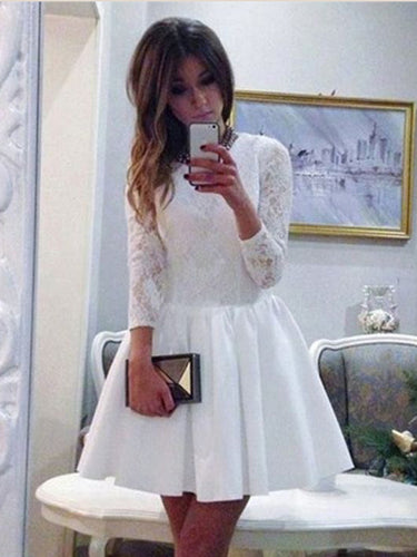 Long Sleeve Homecoming Dresses White Lace A Line Short Prom Dress Party Dress JK704|Annapromdress