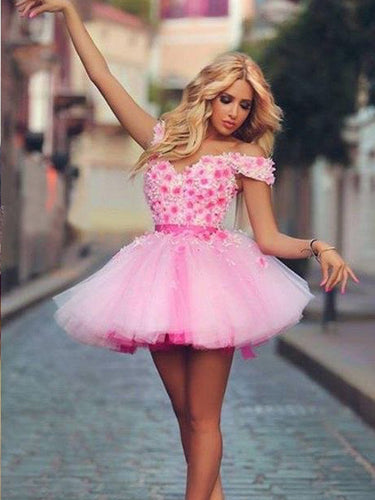Beautiful Homecoming Dresses Hand-Made Flower Pink Short Prom Dress Party Dress JK705|Annapromdress