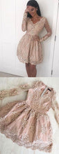 Long Sleeve Homecoming Dresses V neck A line Lace Short Prom Dress Party Dress JK711|Annapromdress