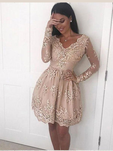 Long Sleeve Homecoming Dresses V neck A line Lace Short Prom Dress Party Dress JK711|Annapromdress