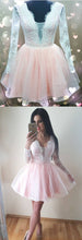 Long Sleeve Homecoming Dresses V neck A line Pink Short Prom Dress Party Dress JK715|Annapromdress