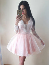 Long Sleeve Homecoming Dresses V neck A line Pink Short Prom Dress Party Dress JK715|Annapromdress