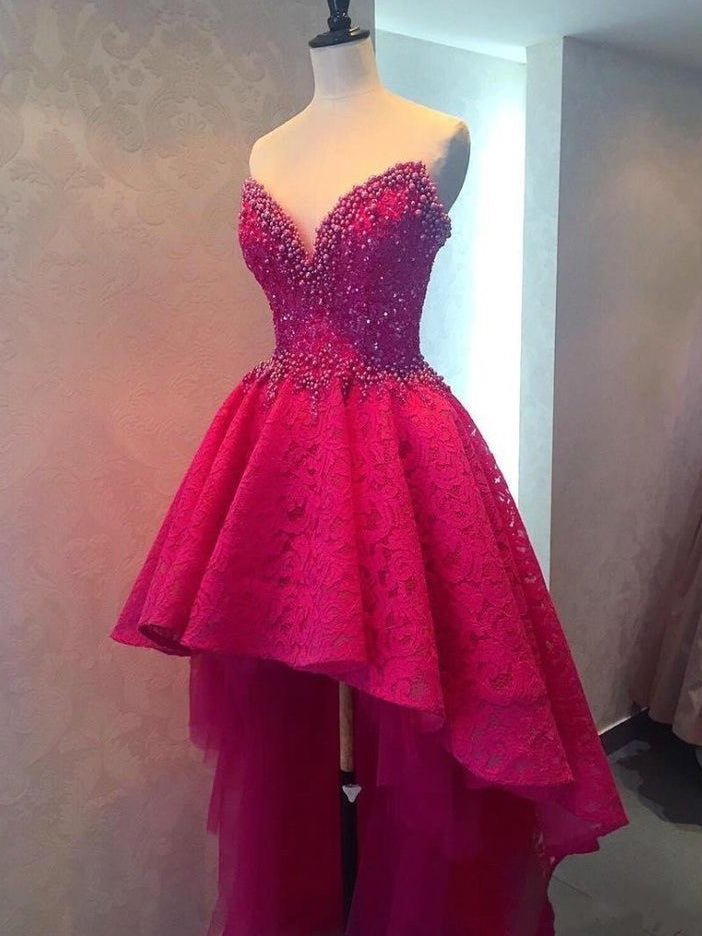 Burgundy High Low Homecoming Dresses Lace Sparkly Short Prom Dress Party Dress JK719|Annapromdress