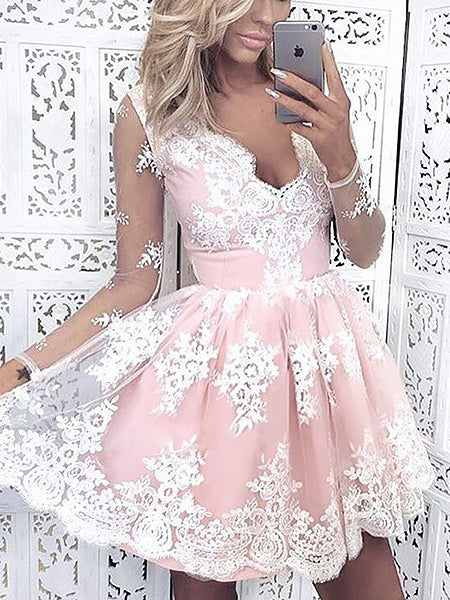 Long Sleeve Beautiful Homecoming Dresses Lace V-neck Short Prom Dress Party Dress JK744|Annapromdress