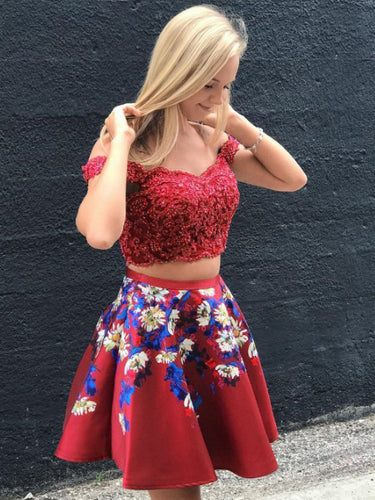 Two Piece Homecoming Dresses Burgundy Floral Print Short Prom Dress Party Dress JK746|Annapromdress