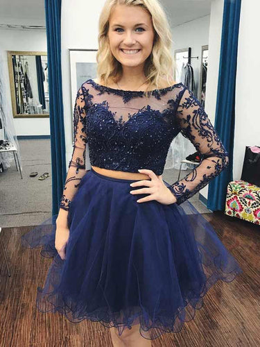 Two Piece Homecoming Dresses A-line Lace Dark Navy Short Prom Dress Party Dress JK758|Annapromdress