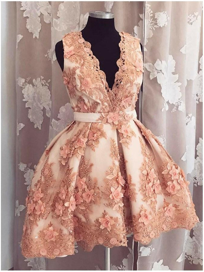 Sparkly Homecoming Dresses V Neck Lace Chic Short Prom Dress Sexy Party Dress JK764|Annapromdress